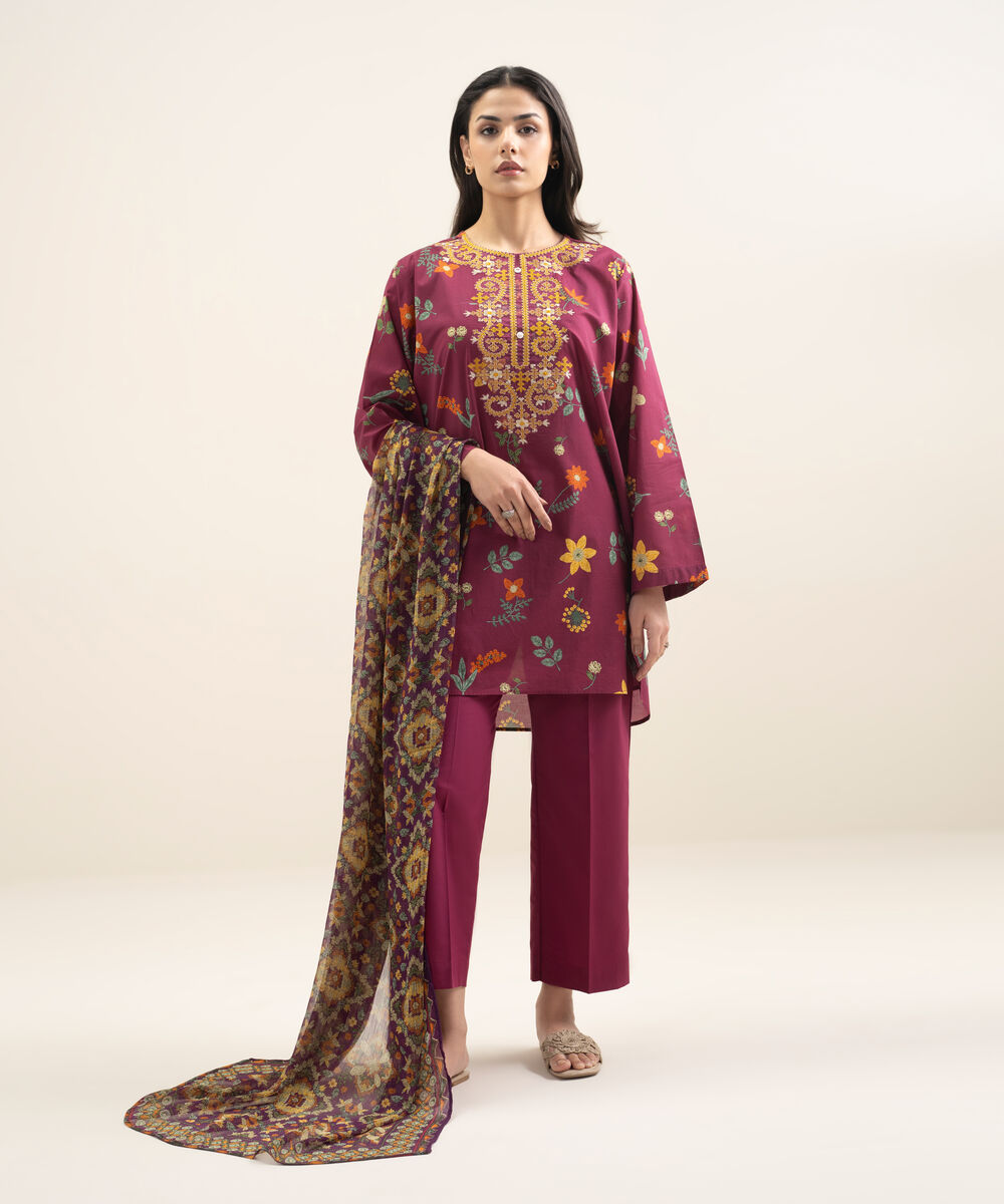 Women's RTW Slub Lawn Embroidered Purple Straight Shirt