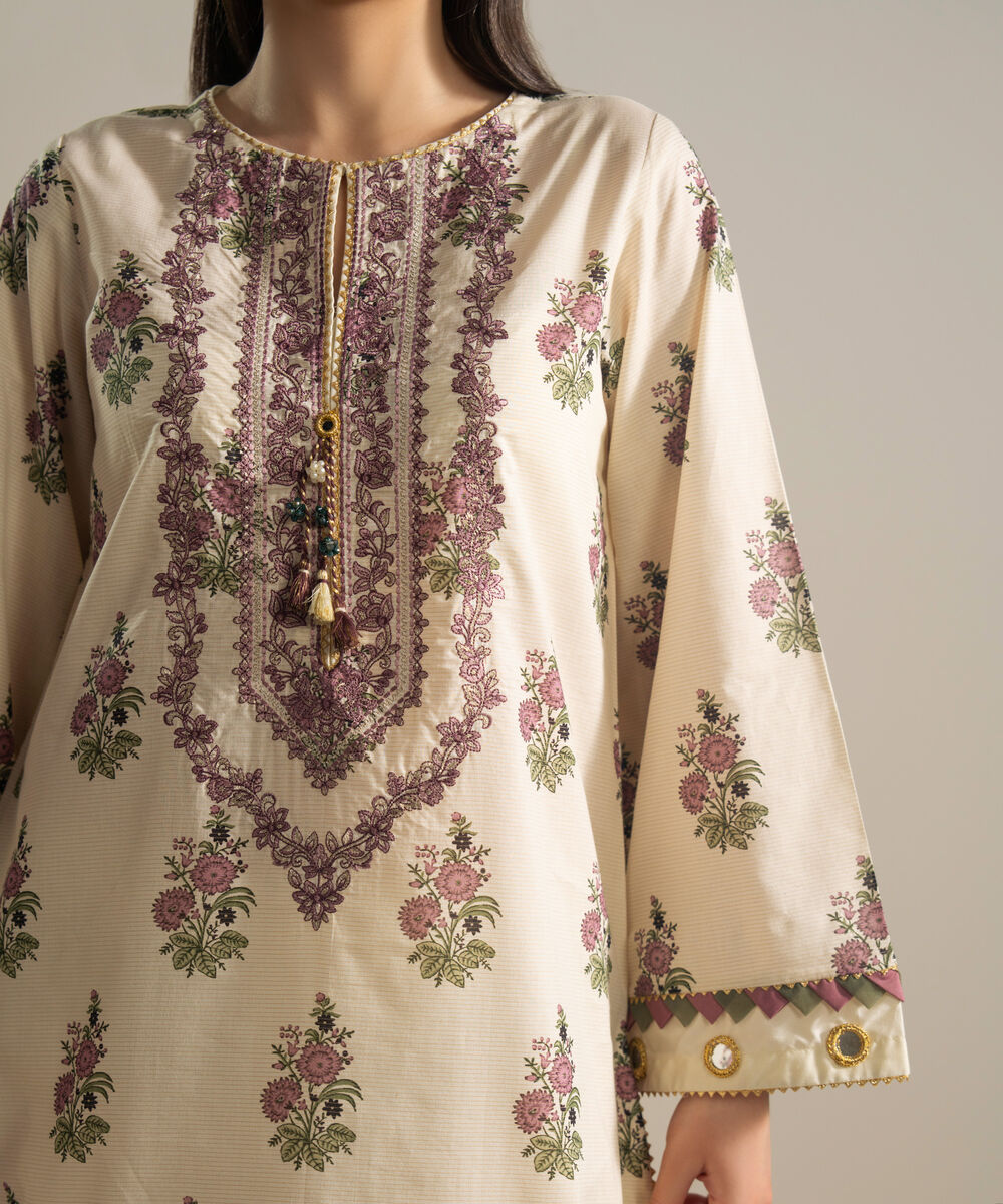 Women's RTW Zari Lawn Embroidered Off White 3 Piece Suit