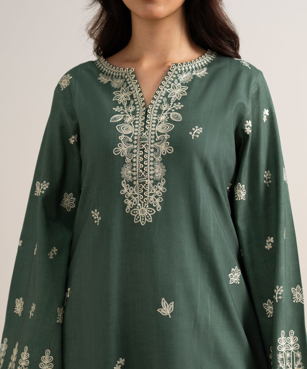 Women's Unstitched Embroidered Linen Green 3 Piece Suit