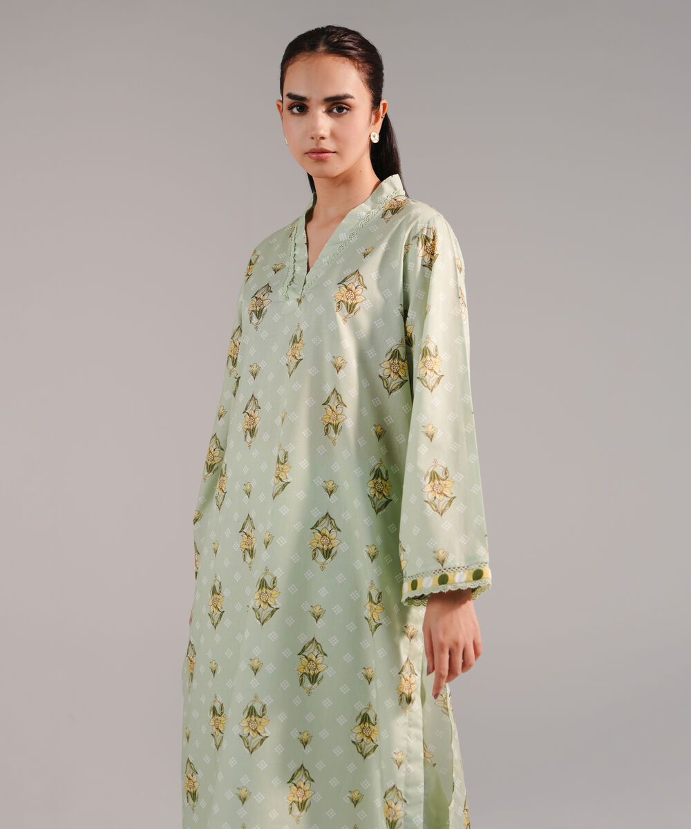 Women's RTW Lawn Printed Green Straight Shirt