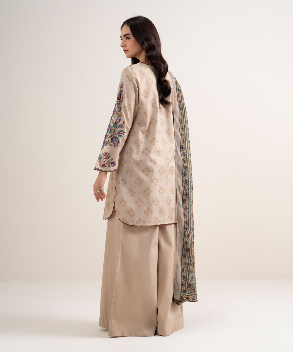Women's Unstitched Lawn Embroidered Beige 3 Piece Suit