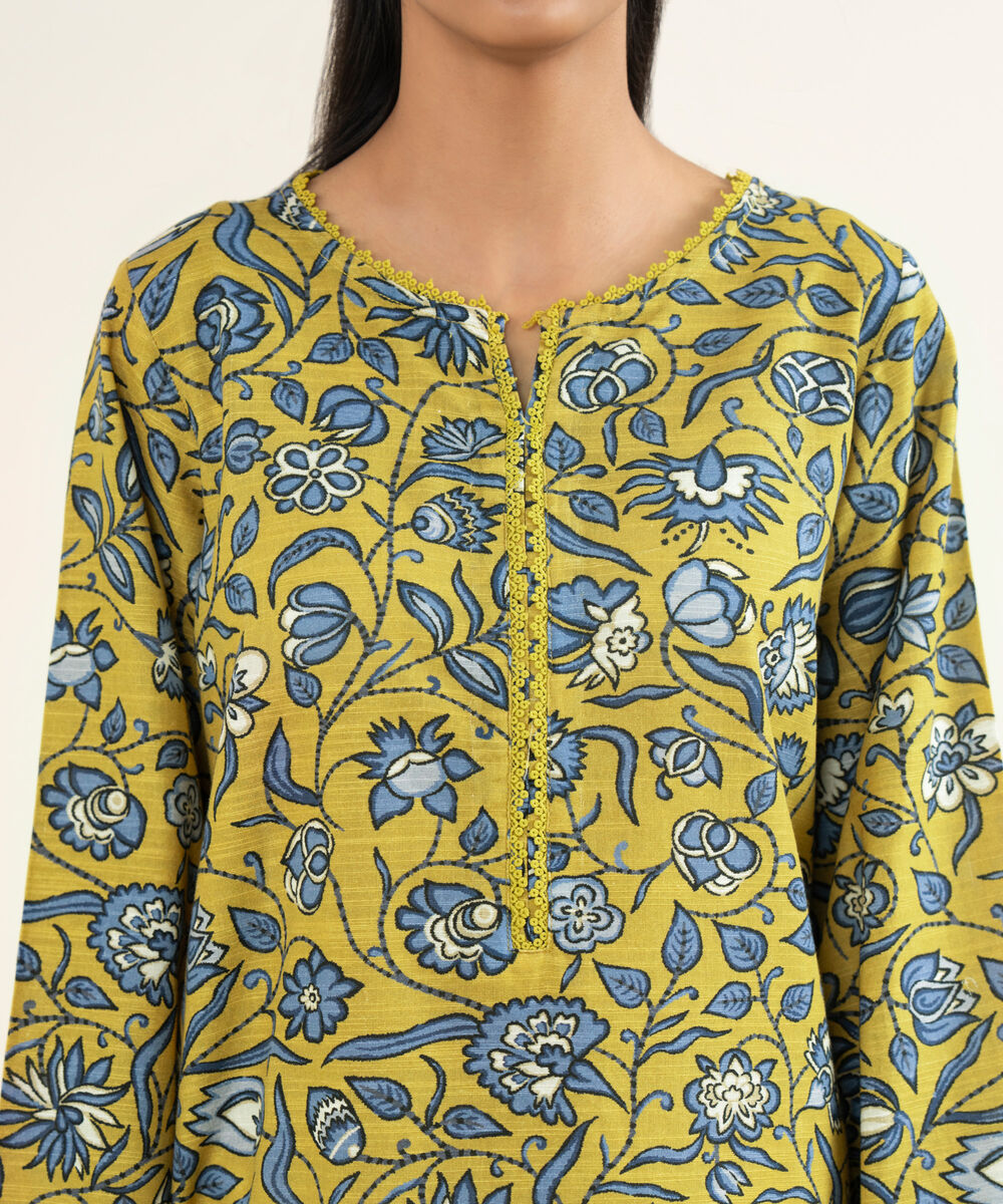 Women's RTW Cotton Printed Yellow A-Line Shirt