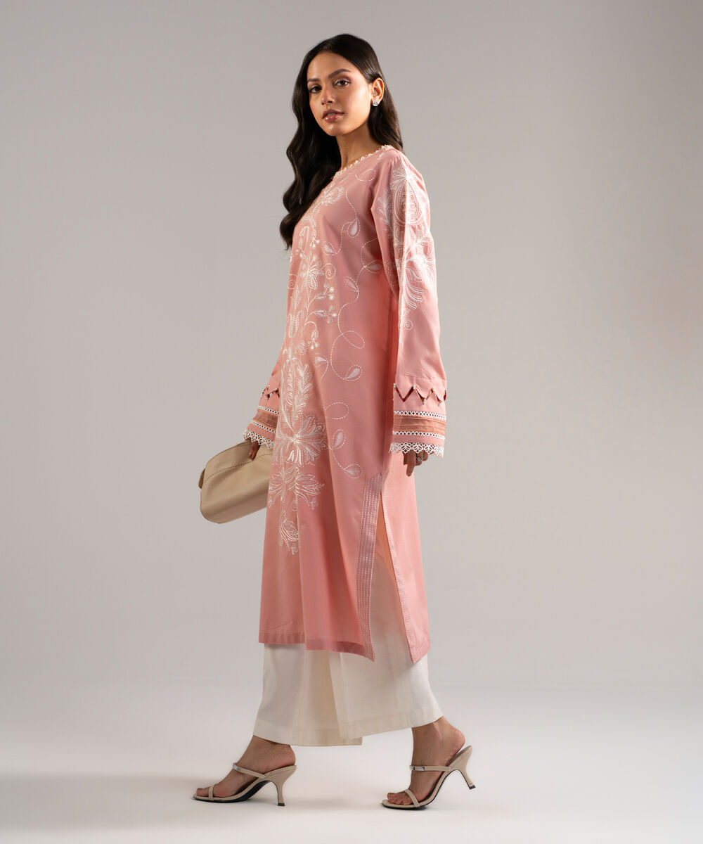 Women's RTW Zari Lawn Embroidered Pink Straight Shirt