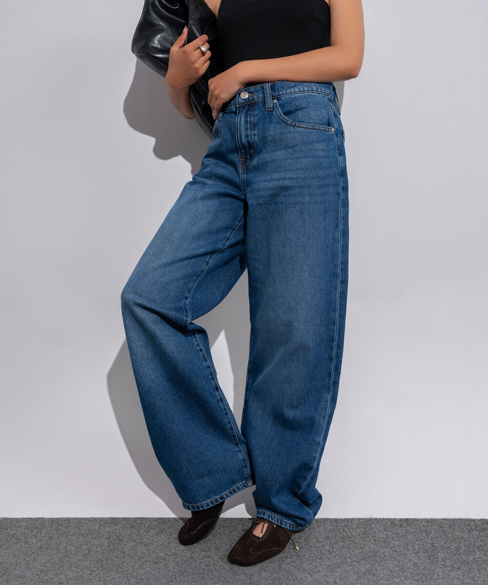 Women's Western Wear Denim Baggy Fit Indigo Blue - Dark Worn Jeans
