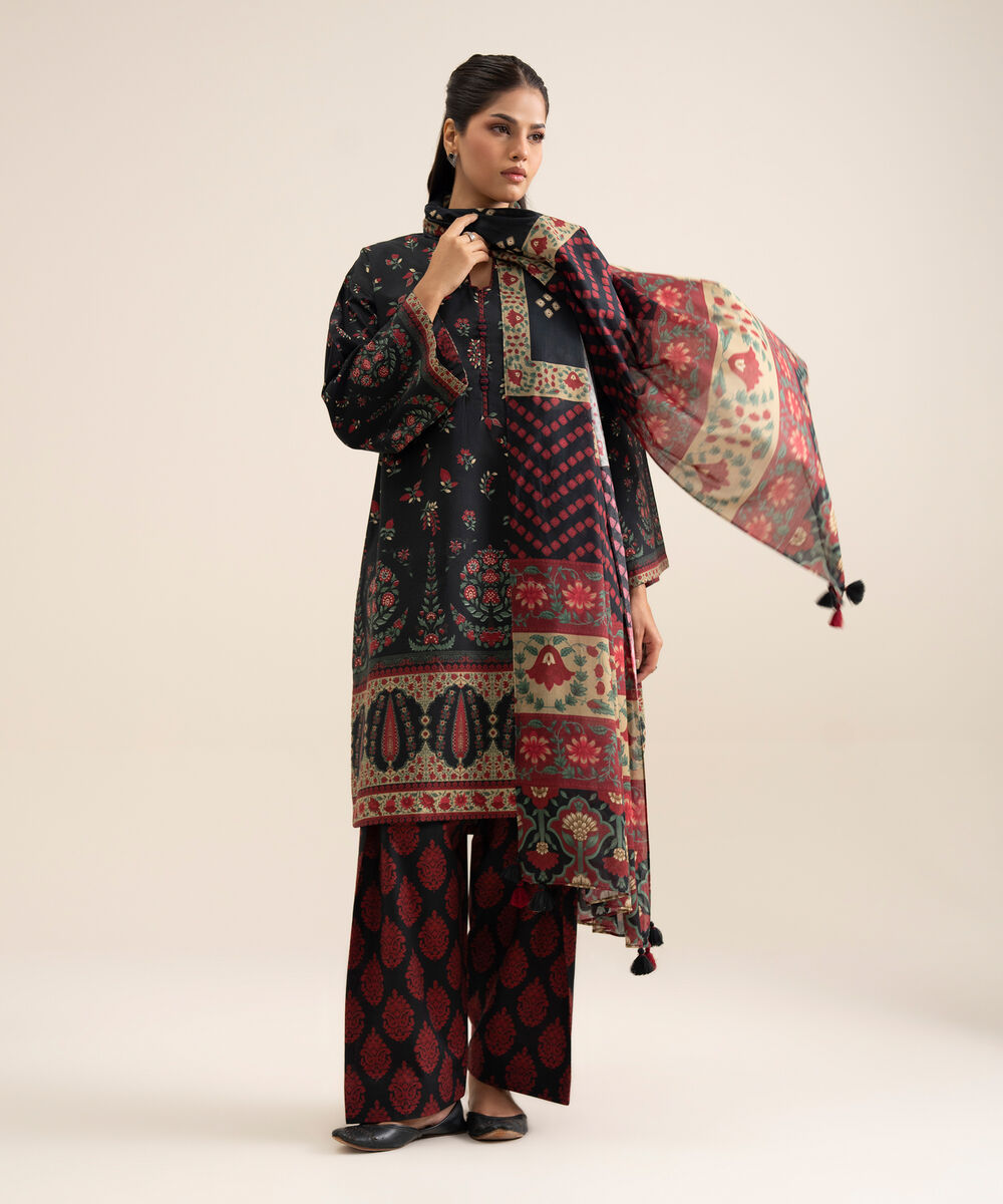 Women's Unstitched Premium Khaddar Printed Black 3 Piece Suit
