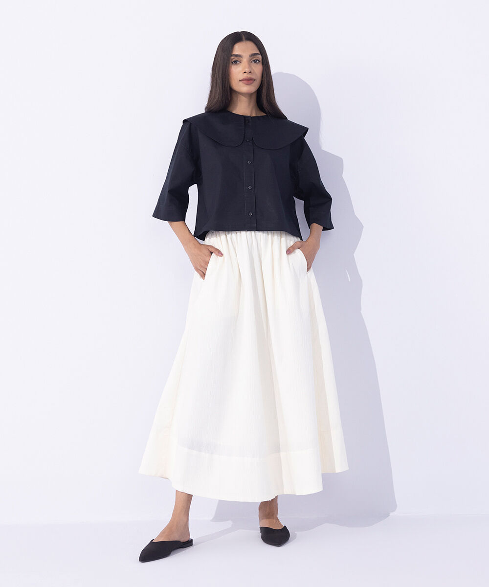 Women's Western Wear Black Peter Pan Cropped Shirt