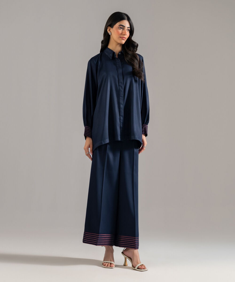 Women's RTW Bedford Solid Embroidered Dark Blue Drop Shoulder Shirt