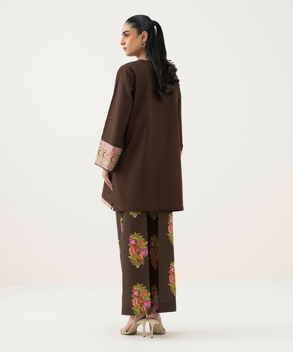 Women's RTW Light Khaddar Embroidered Brown Straight Shirt