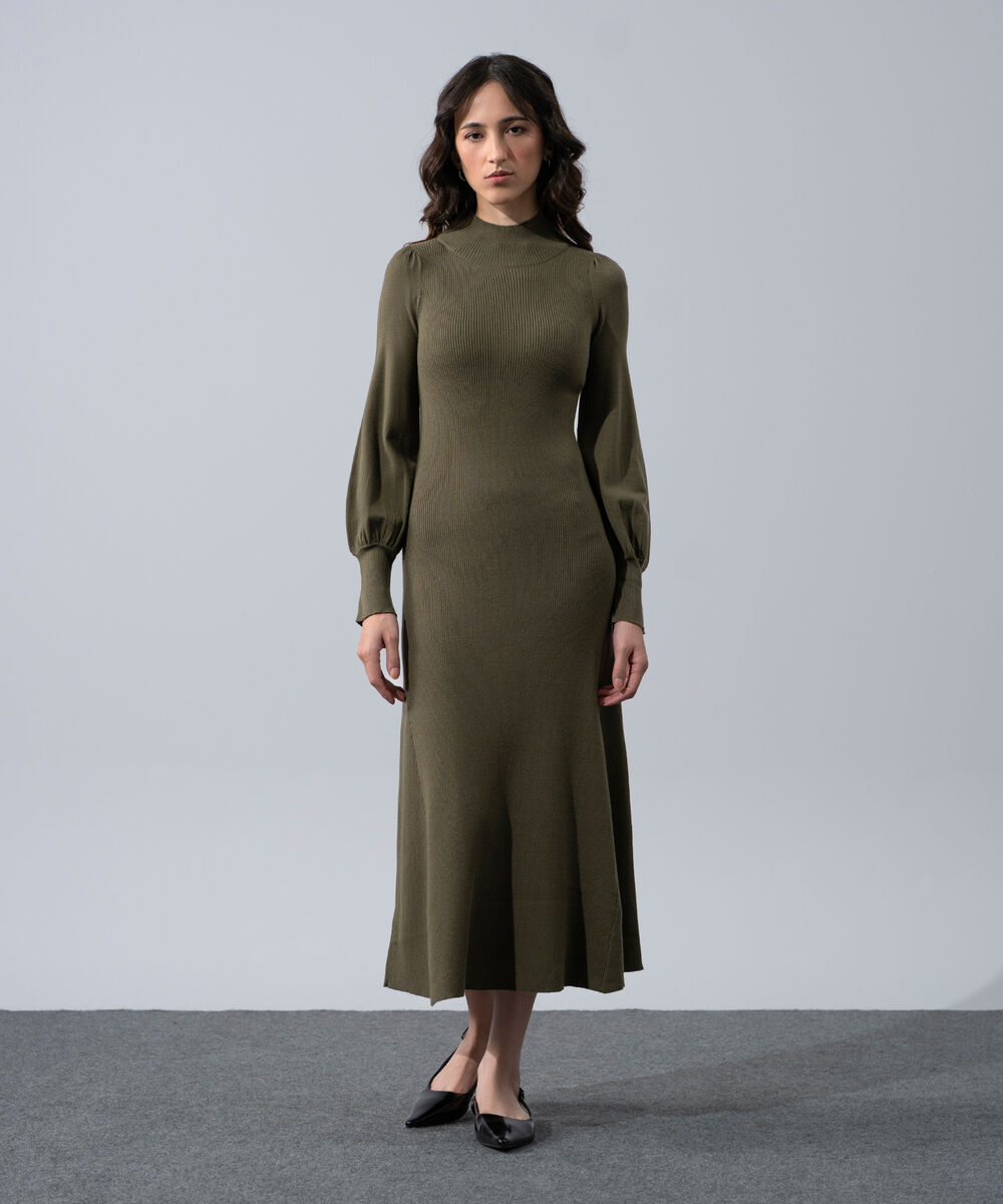 Women's Western Wear Green Ribbed Knit Dress