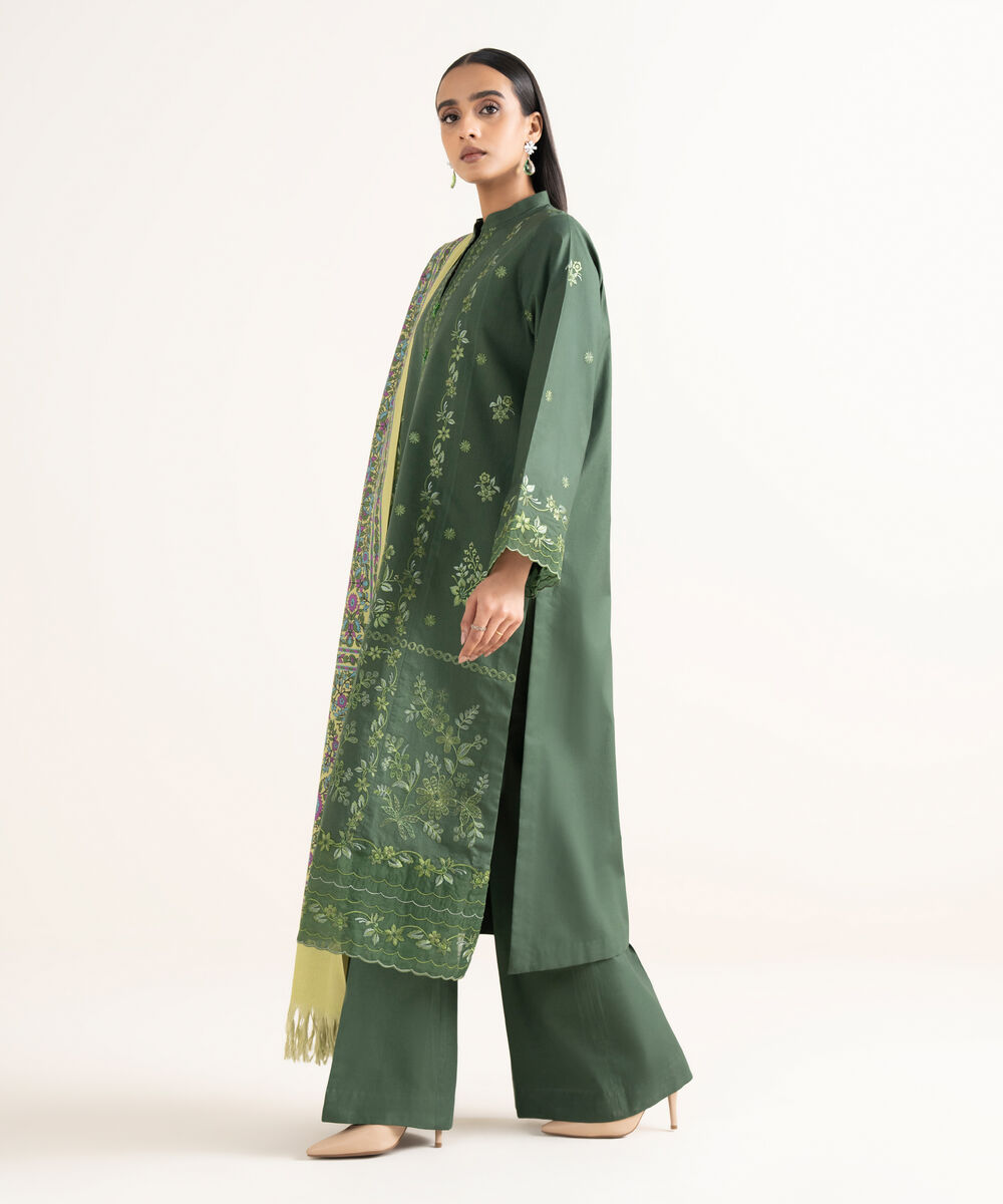 Women's Unstitched Twill Embroidered Green 3 Piece Suit