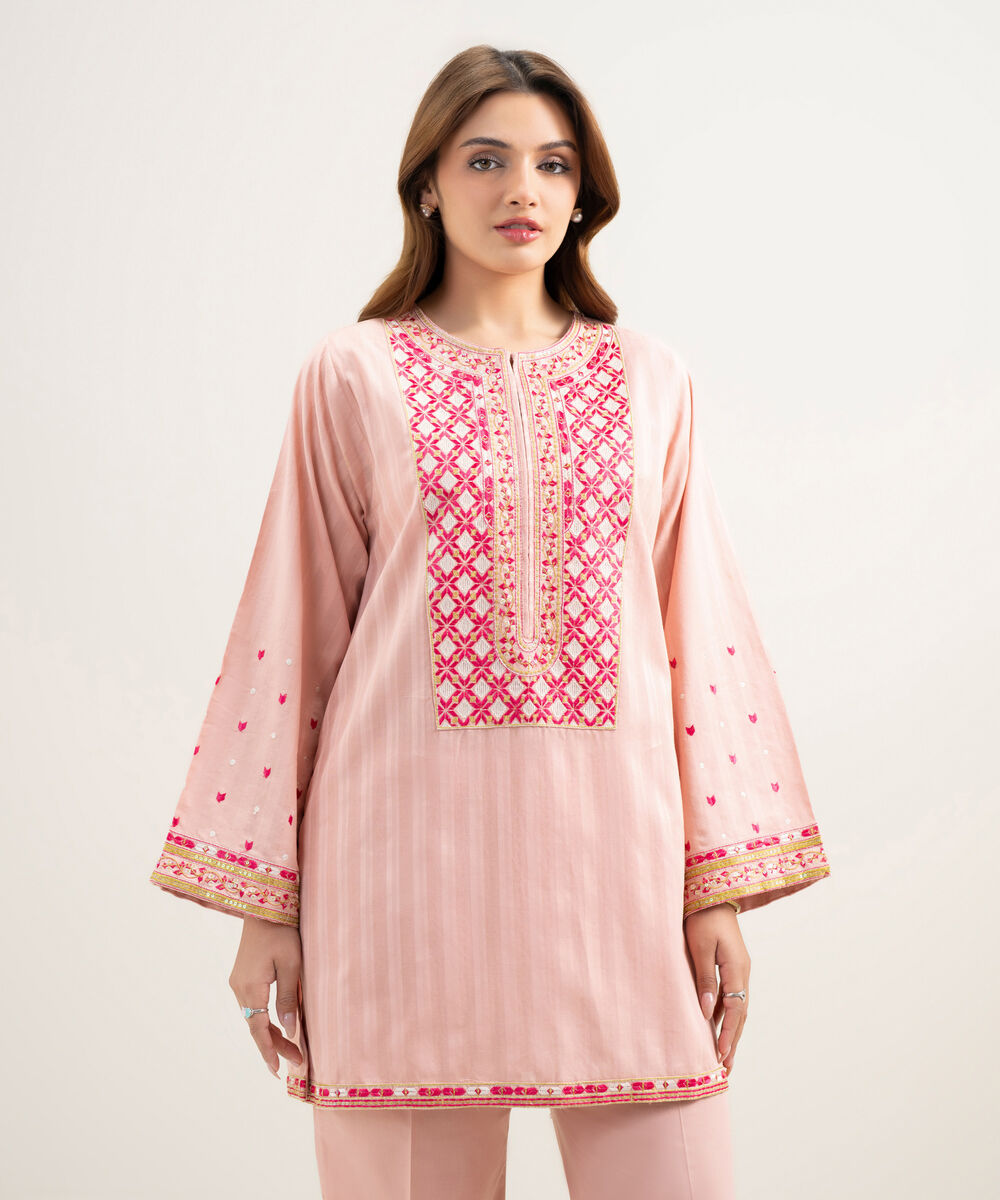 Women's RTW Dobby Embroidered Pink 2 Piece Suit