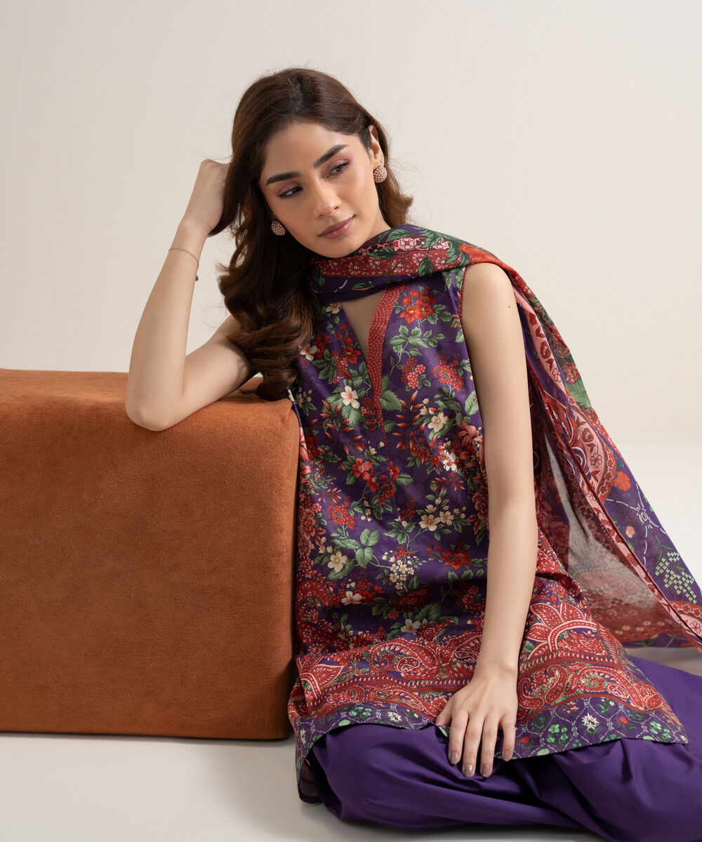Women's Unstitched Lawn Embroidered Multi  3 Piece Suit