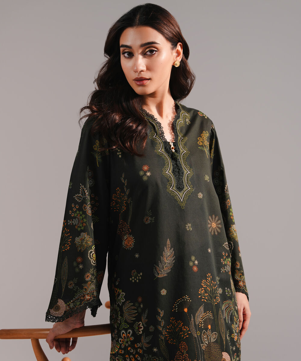 Women's RTW Lawn Printed Dark Green 2 Piece Suit