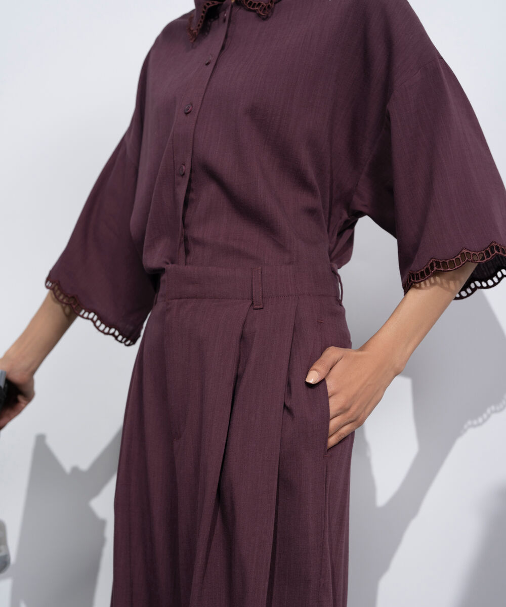 Women's Western Maroon Wide-Leg Pleated Trousers