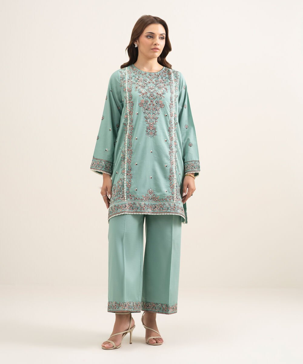 Women's RTW Dobby Embroidered Green A-Line Shirt