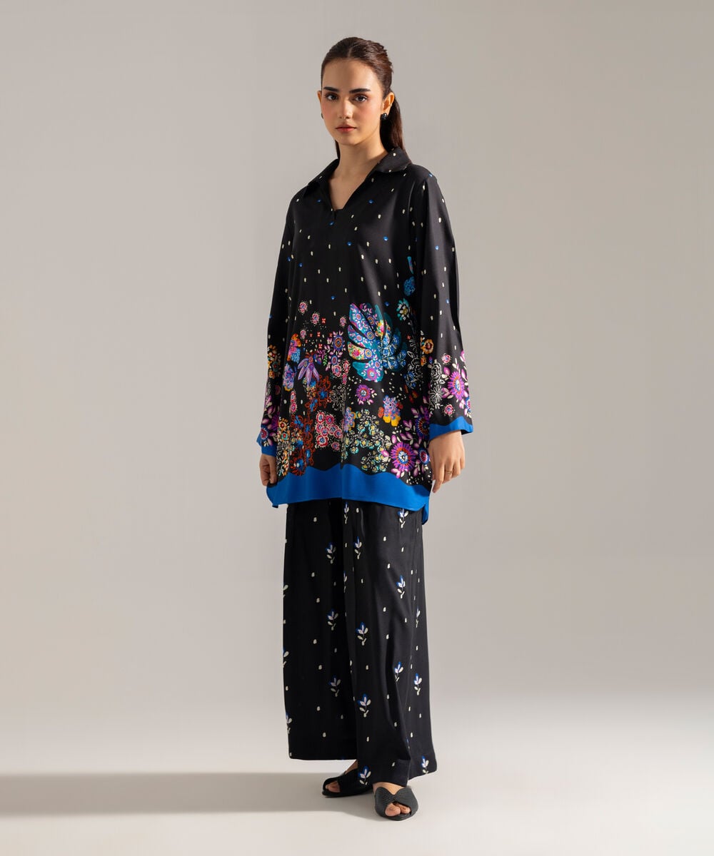 Women's RTW Printed Black Viscose Linen 2 Piece Suit