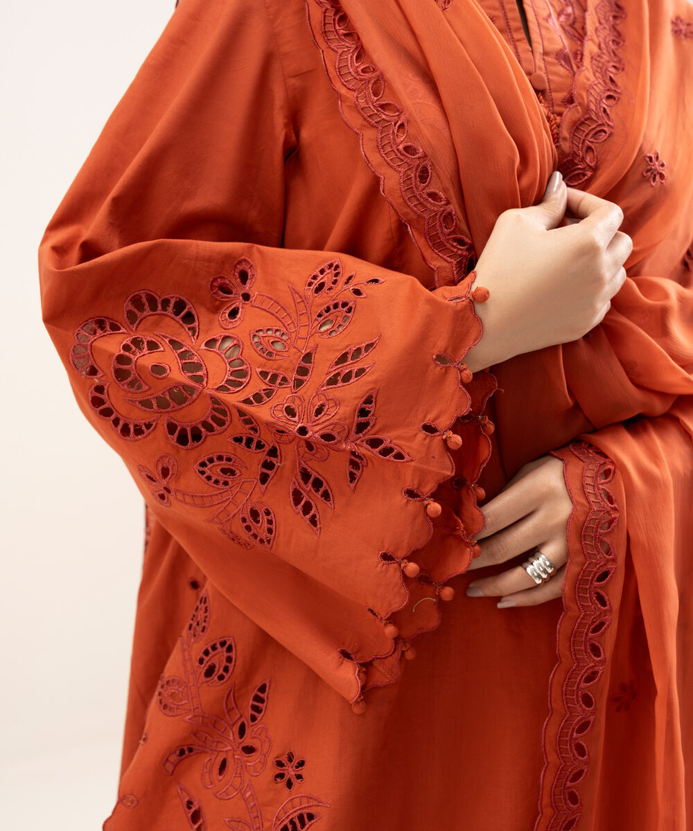 Women's Unstitched Textured Lawn Embroidered Orange 3 Piece Suit