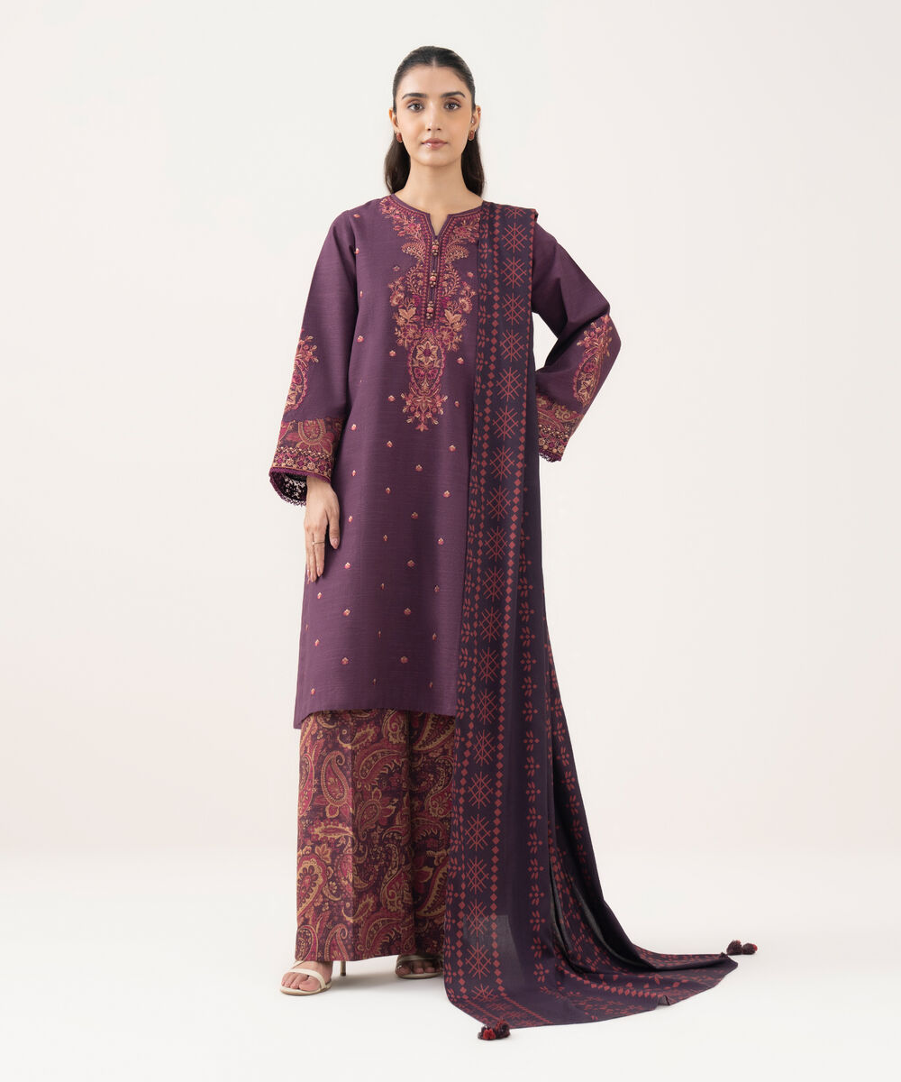 Women's Unstitched Light Khaddar Embroidered Purple 3 Piece Suit