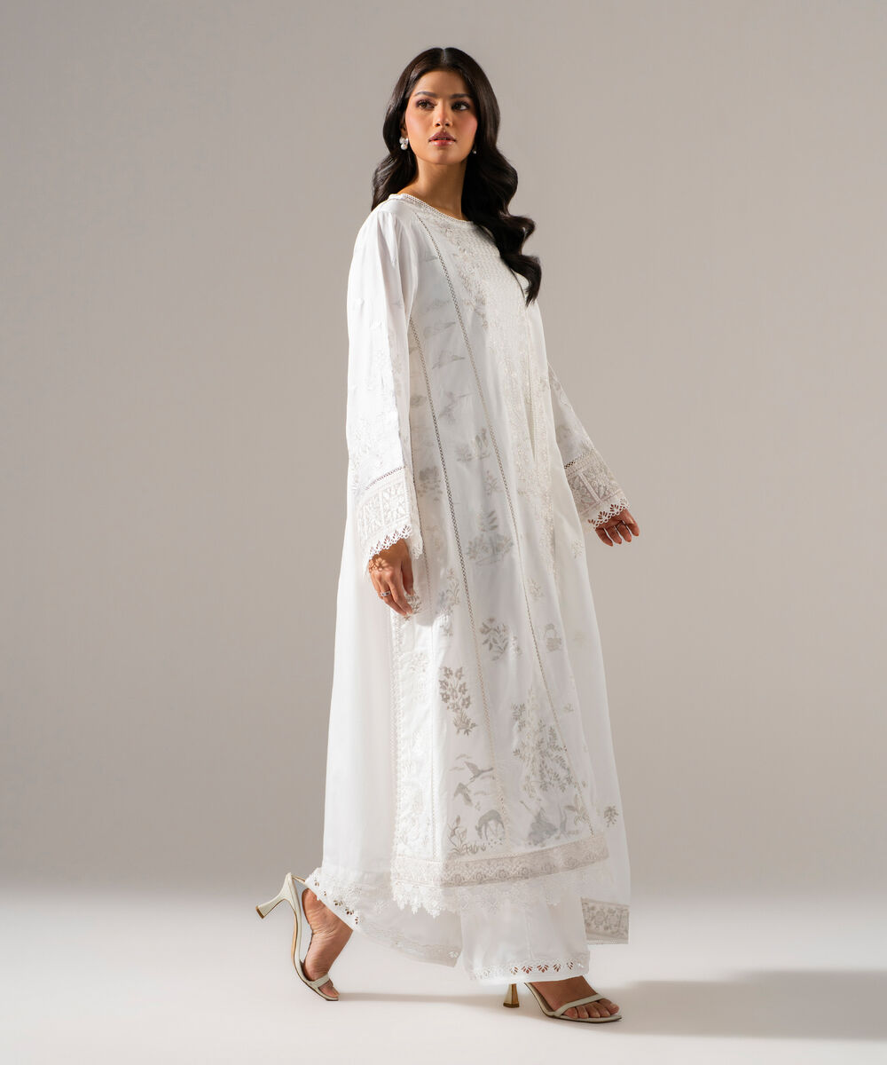 Women's RTW Cotton Satin Solid Embroidered Off White 3 Piece Suit