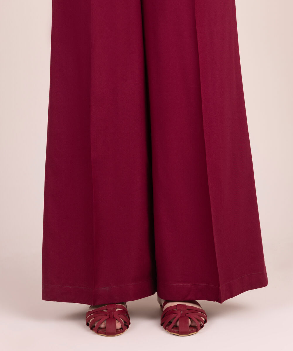 Women's RTW Linen Viscose Solid Maroon Flared Pants