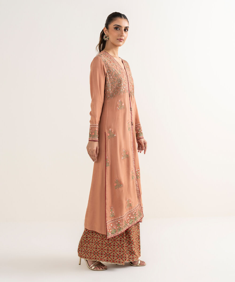 Women's RTW Viscose Raw Silk Pink Embroidered Peshwas