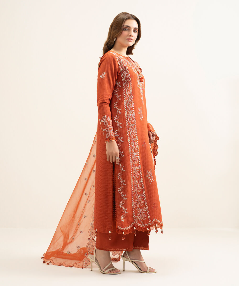 Women's Unstitched Dobby Embroidered Orange 3 Piece Suit