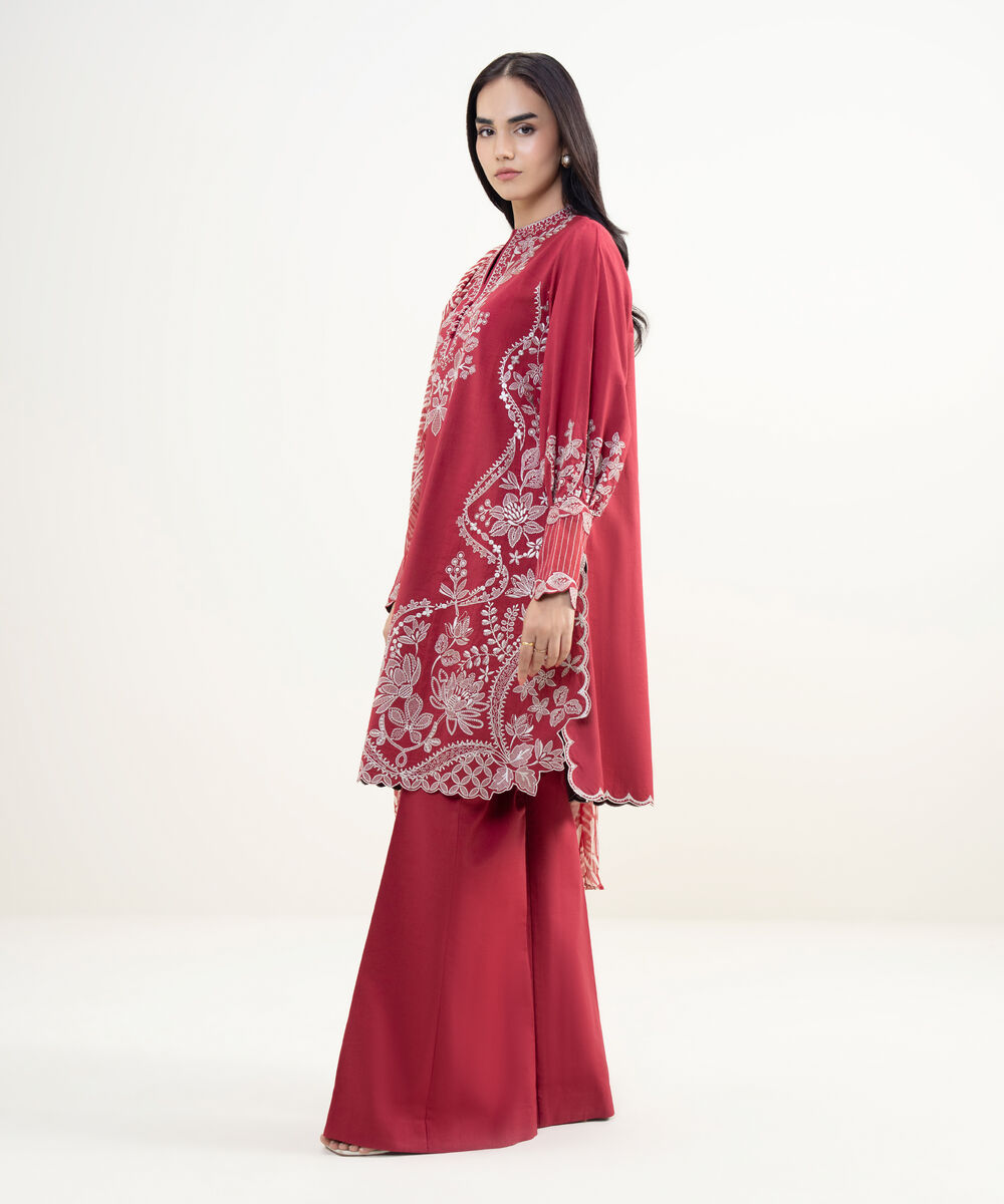 Women's Unstitched Textured Lawn Embroidered Red 3 Piece Suit