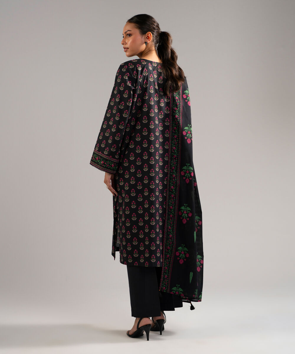 Women's RTW Slub Lawn Printed Black 3 Piece Suit