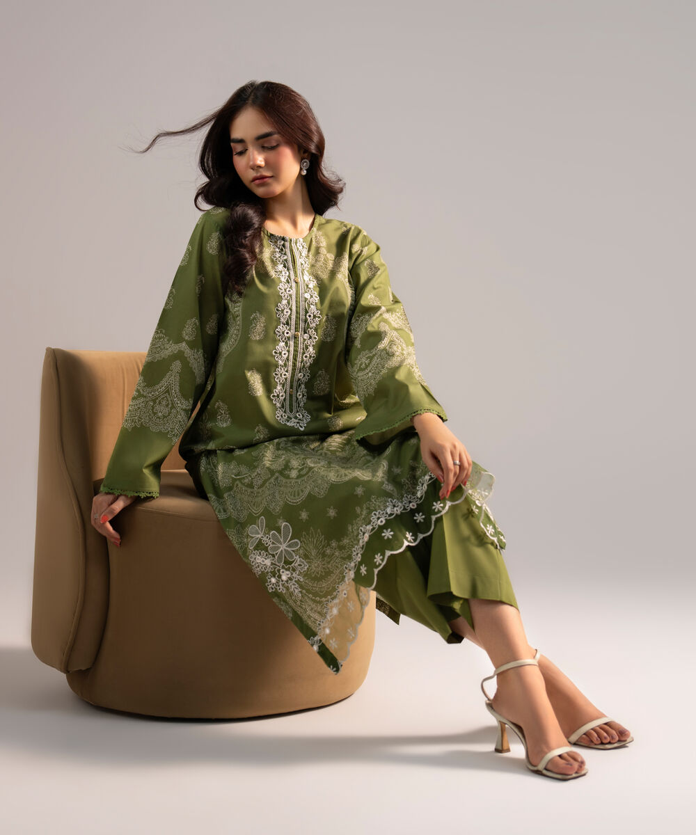 Women's RTW Lawn Embroidered Dark Green 2 Piece Suit
