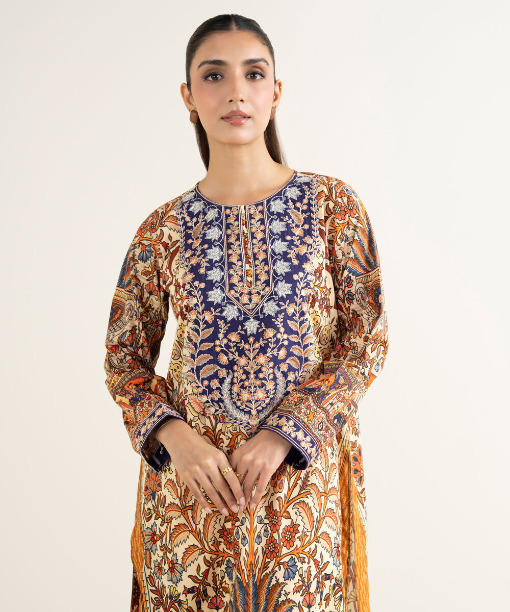 Women's RTW Linen Viscose Embroidered Beige A-Line Shirt