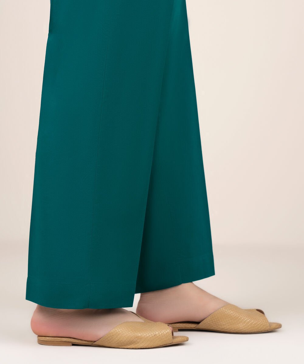 Women's RTW Cotton Solid Teal Straight Pants