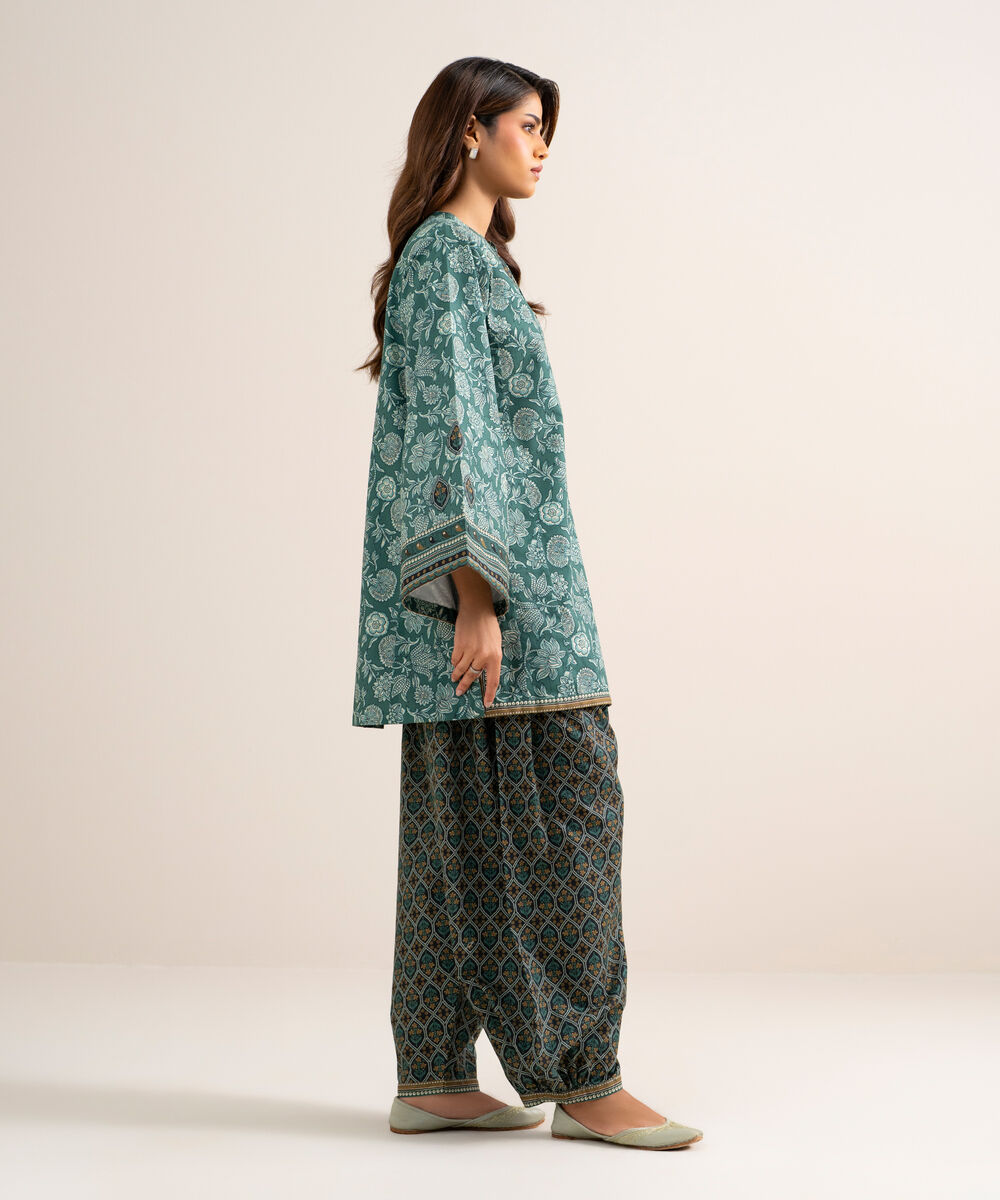 Women's Unstitched Cotton Printed Blue  2 Piece Suit