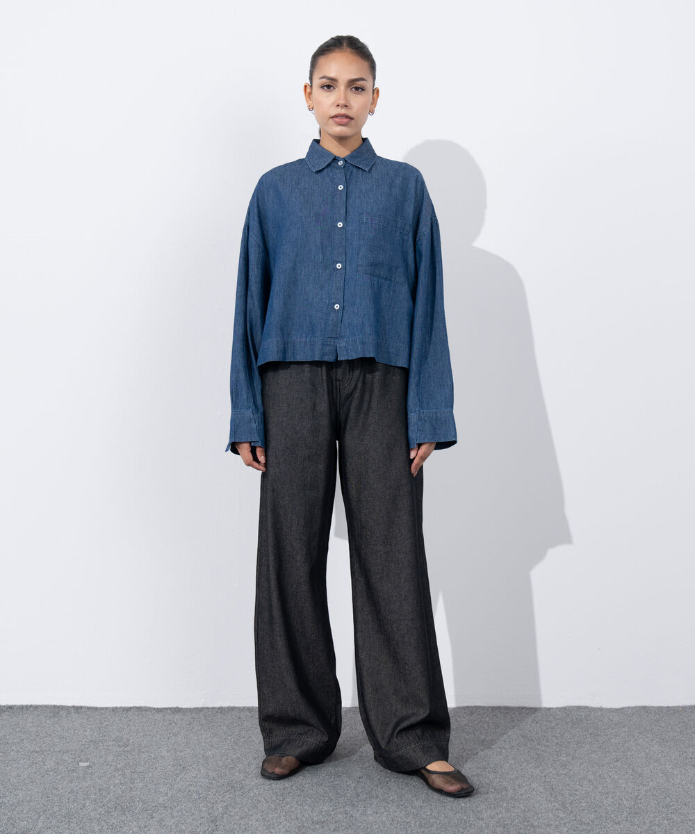 Women's Western Wear Blue Light Weight Denim Cropped Shirt