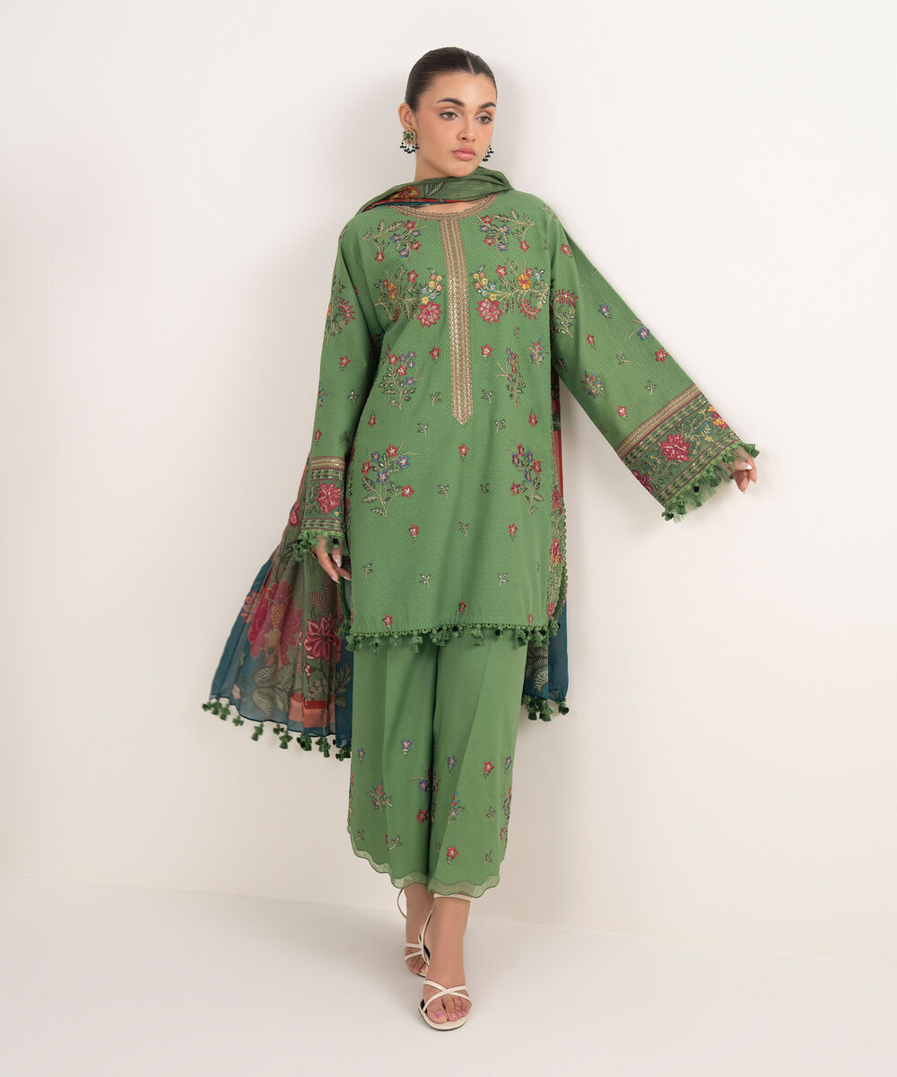 Women's Unstitched Dobby Embroidered Green 3 Piece Suit