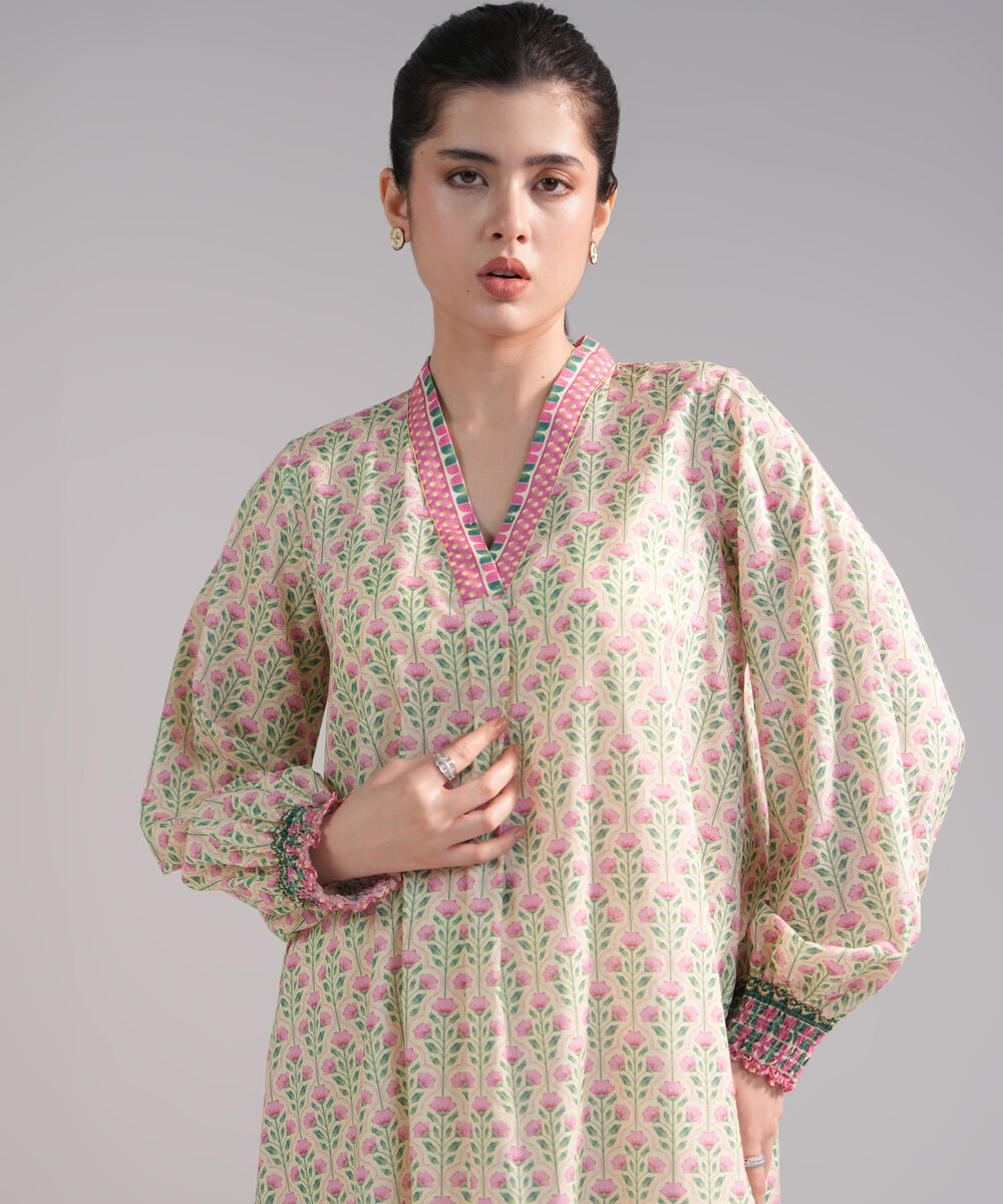 Women's RTW Slub Lawn Printed Pale Yellow Dress Shirt