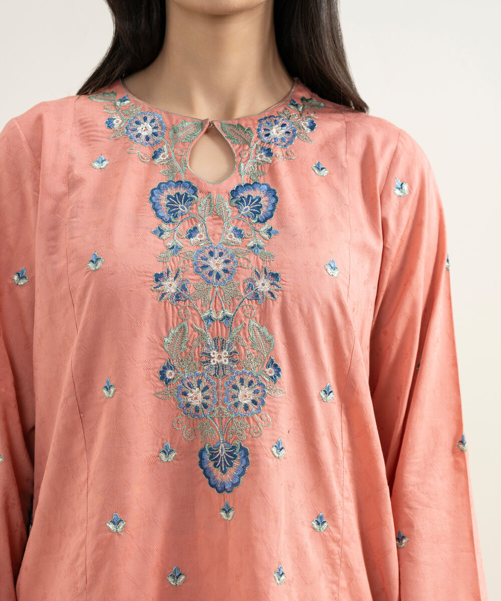 Women's RTW Self Jacquard Embroidered Pink Straight Shirt