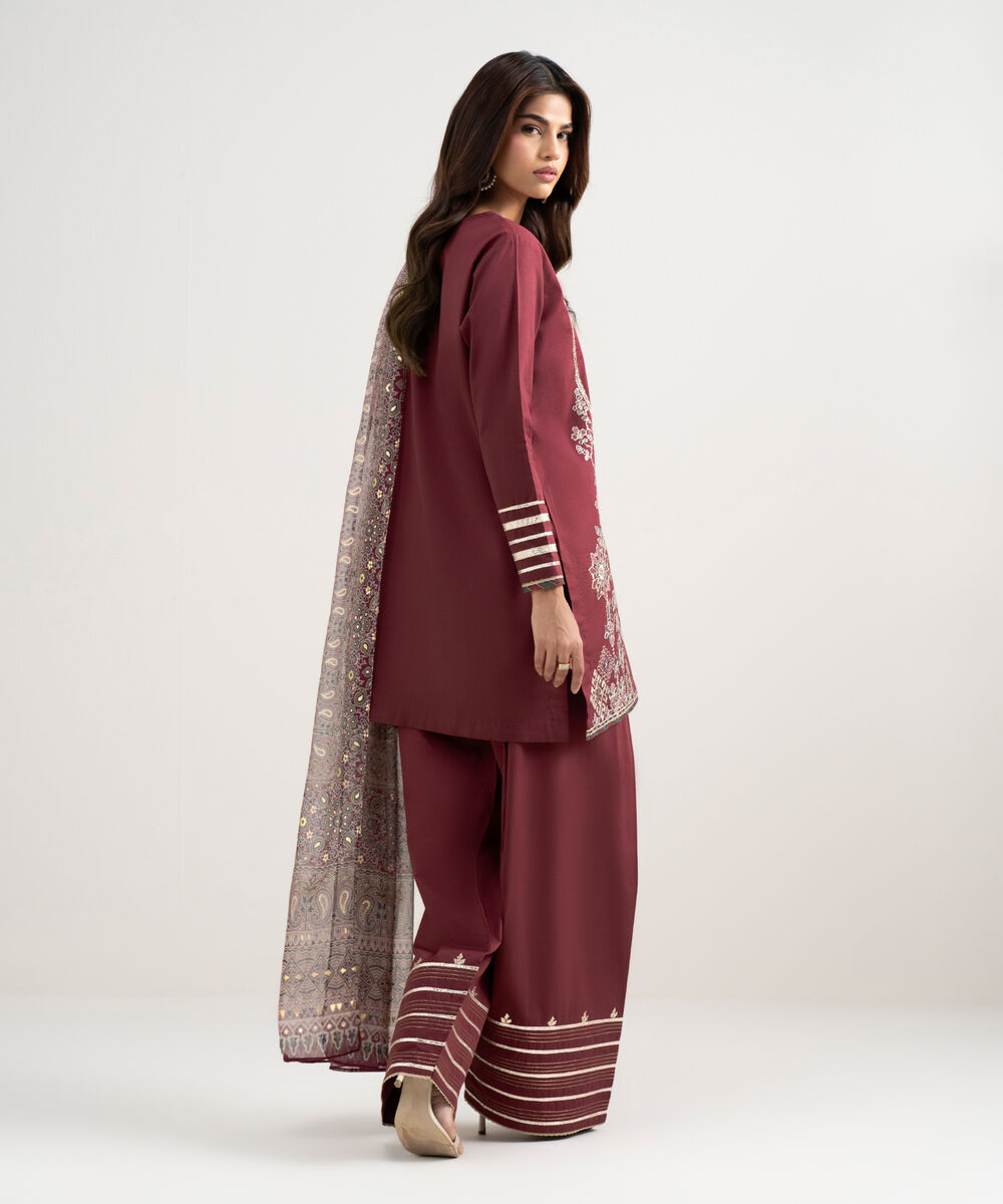 Women's Unstitched Lawn Embroidered Red 3 Piece Suit