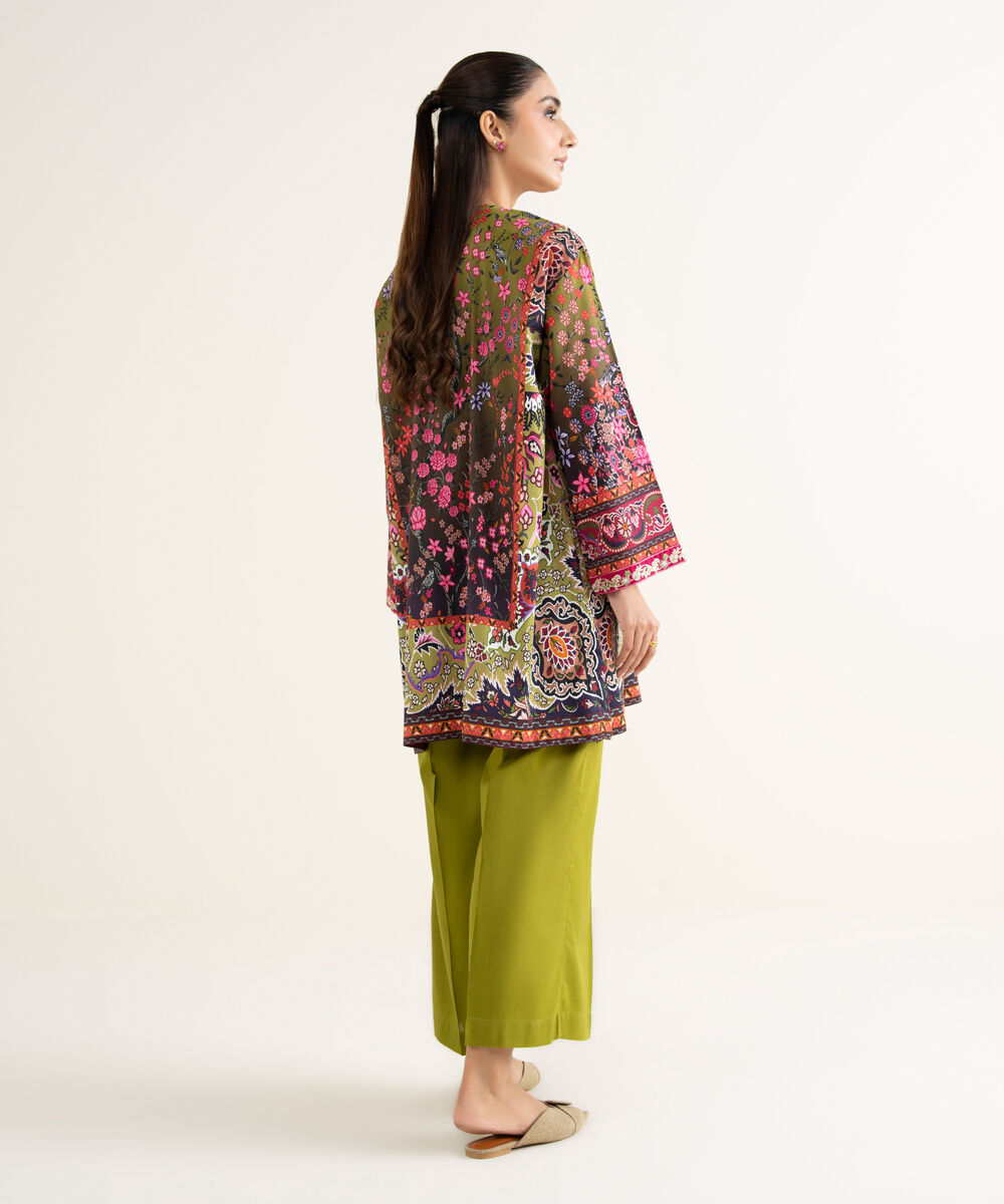 Women's RTW Linen Viscose Embroidered Green Drop Shoulder Shirt