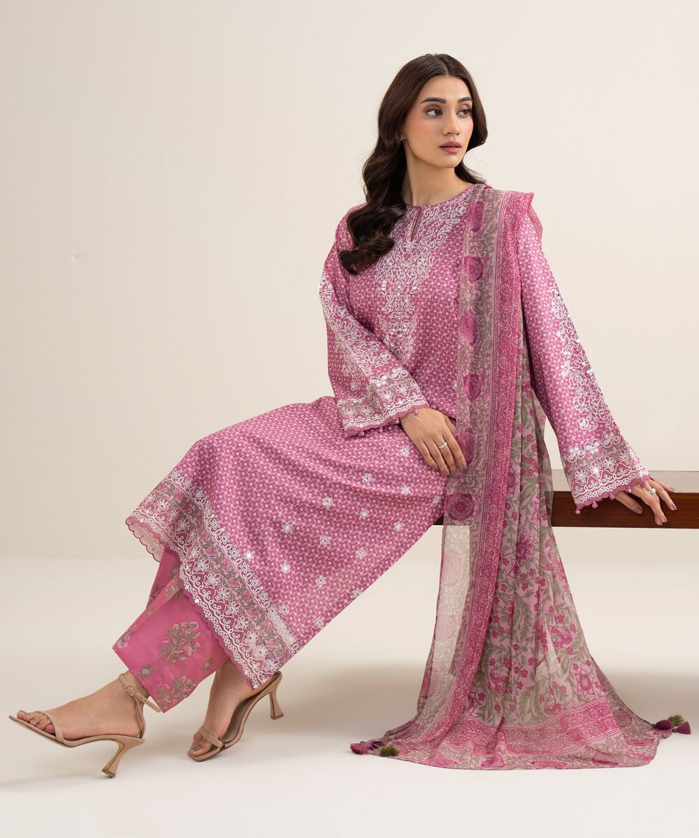 Women's Unstitched Lawn Embroidered Pink 3 Piece Suit