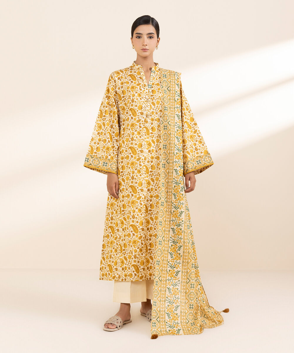 Women's Unstitched Lawn Printed Orange 3 Piece Suit