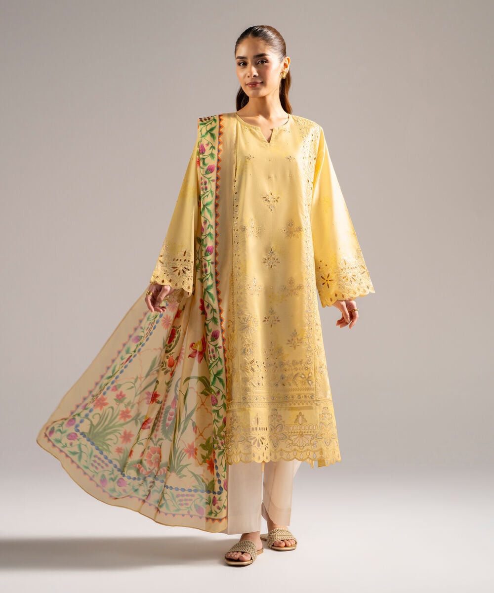 Women's RTW Zari Lawn Embroidered Pale Yellow 2 Piece Suit