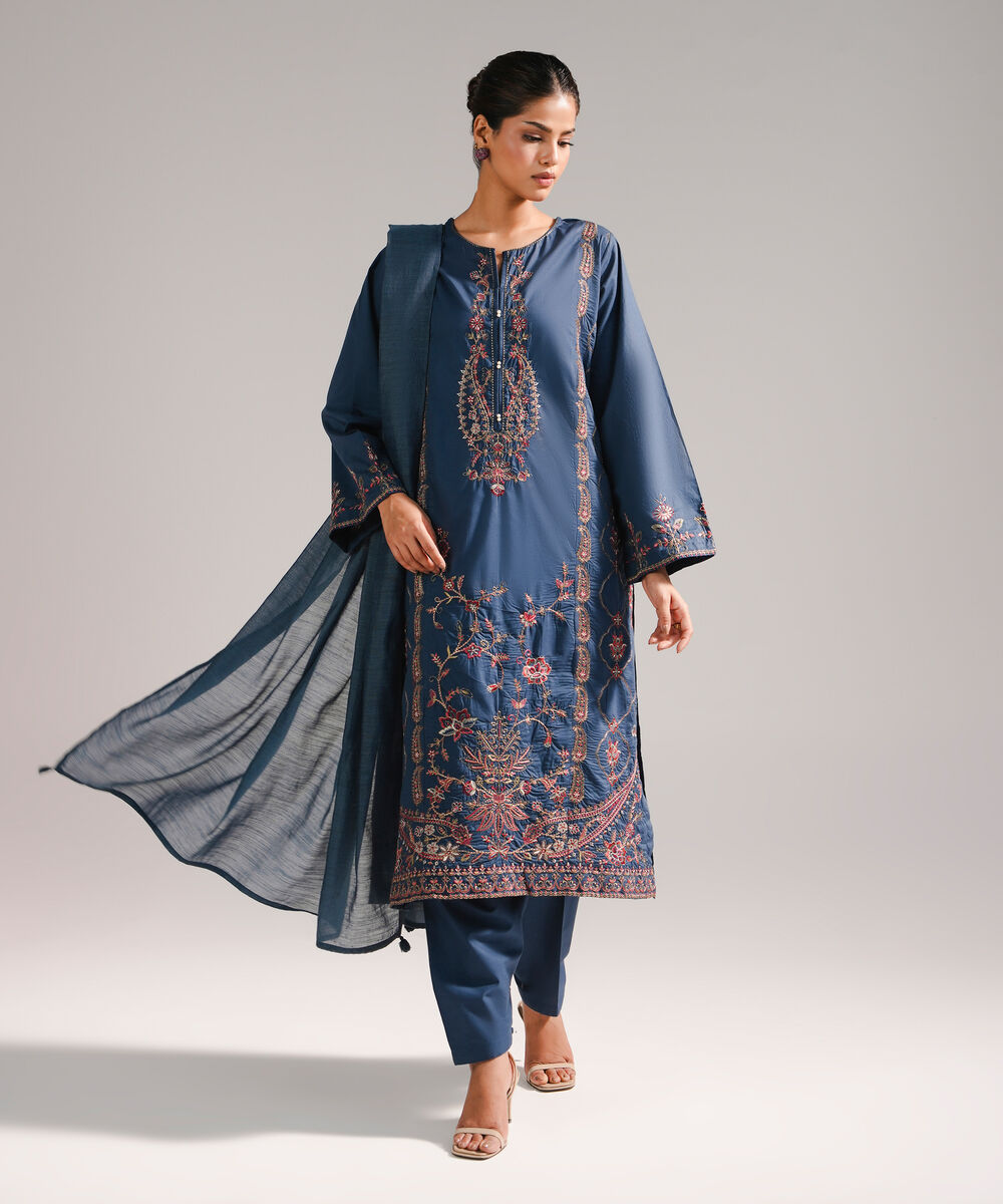 Women's RTW Lawn Embroidered Dark Blue 3 Piece Suit