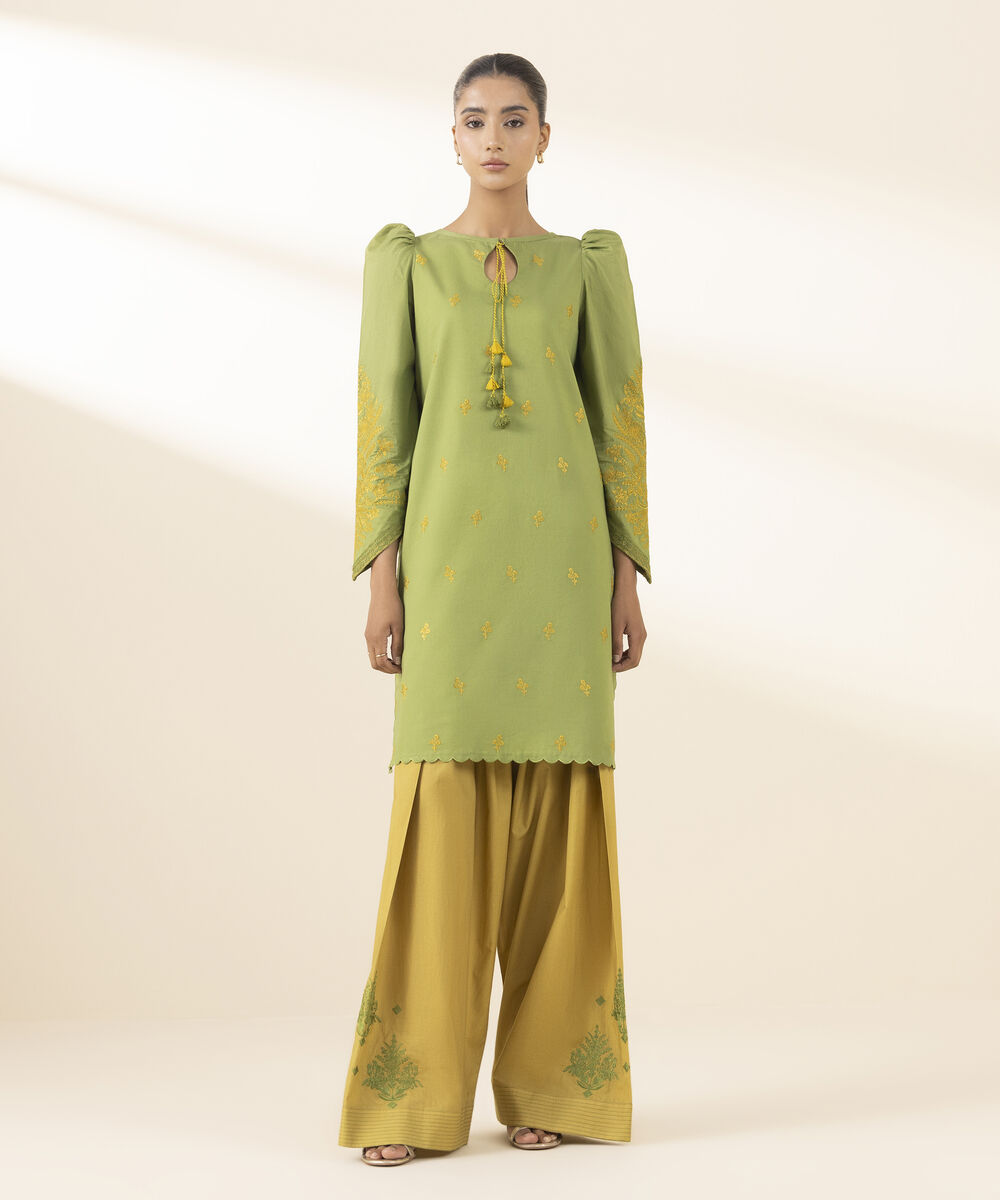 Unstitched Women's Green Textured Lawn Shirt Trousers