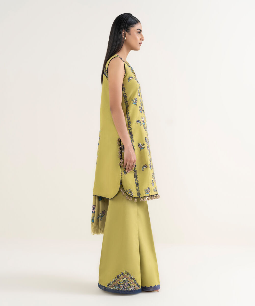 Women's Unstitched Embroidered Fine Cotton Satin Apple Green 3 Piece Suit