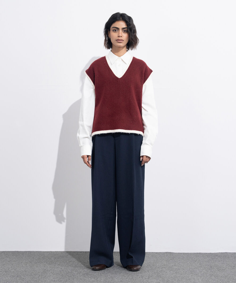 Women's Western Wear Maroon V-Neck Knit Sweater