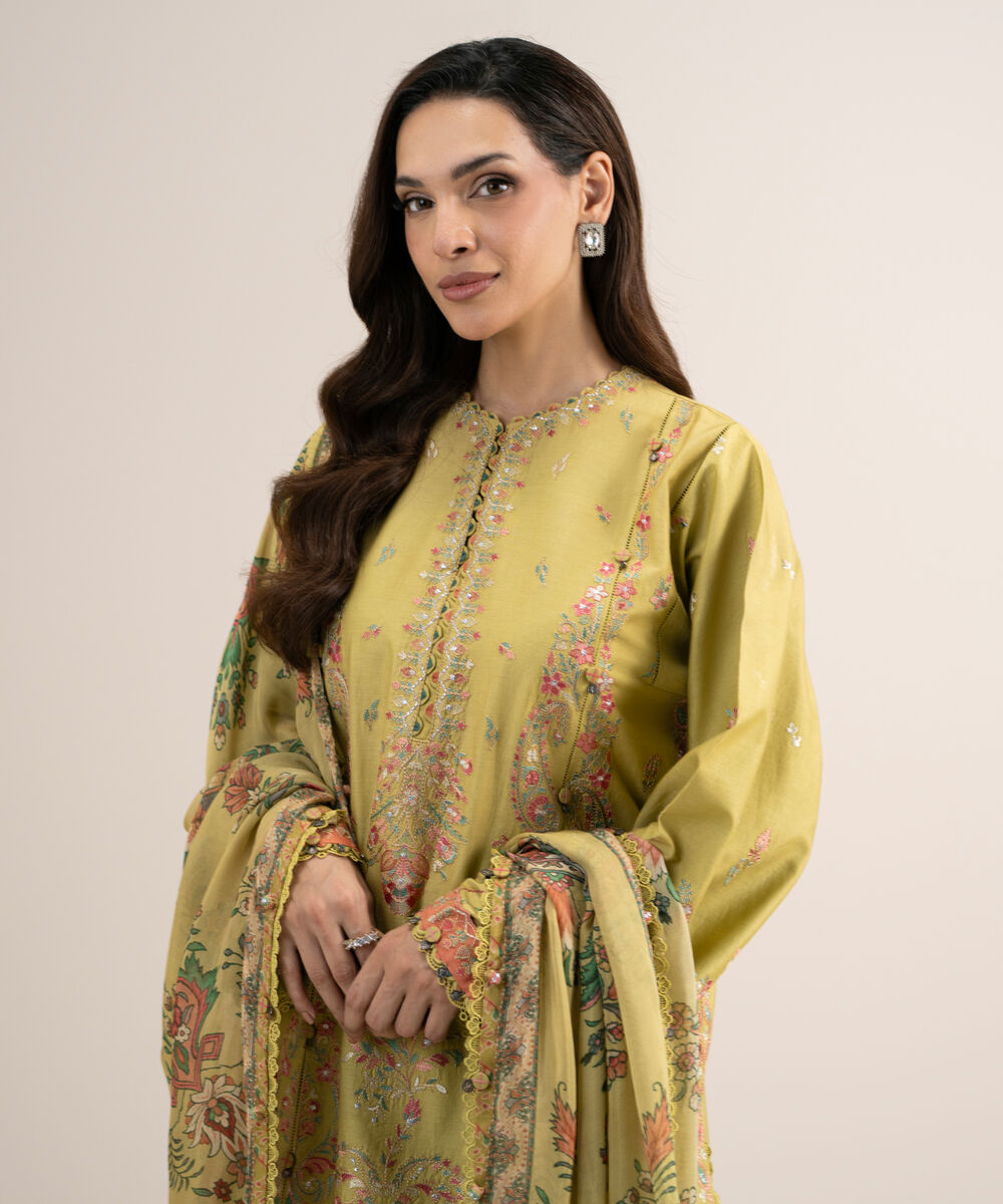 Women's Unstitched Embroidered Fine Cotton Satin Mustard 3 Piece Suit