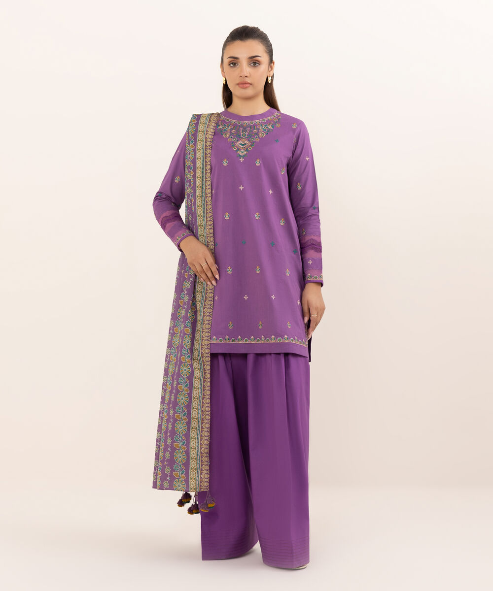 Women's Unstitched Lawn Embroidered Purple Three Piece Suit