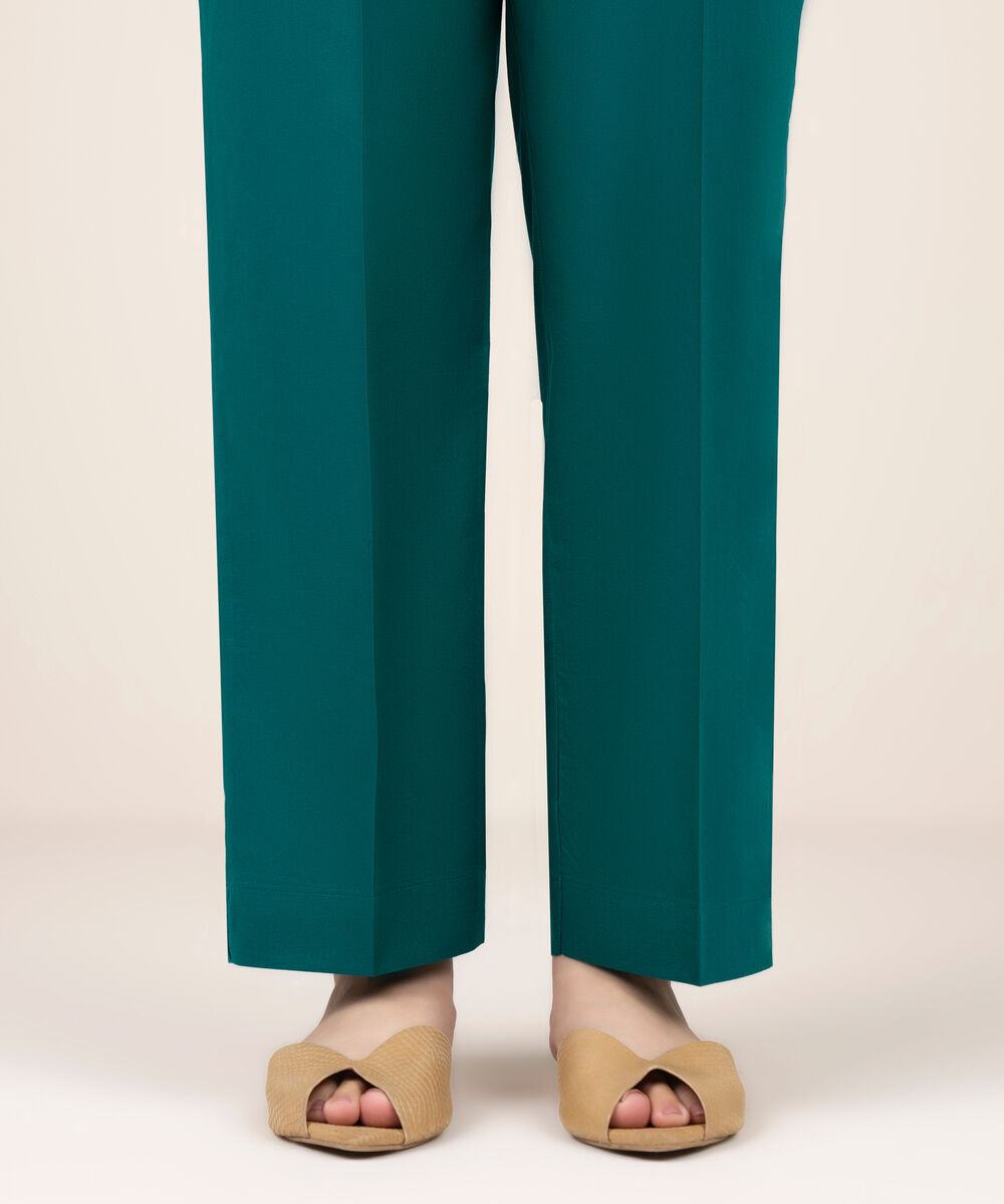 Women's RTW Cotton Solid Teal Straight Pants