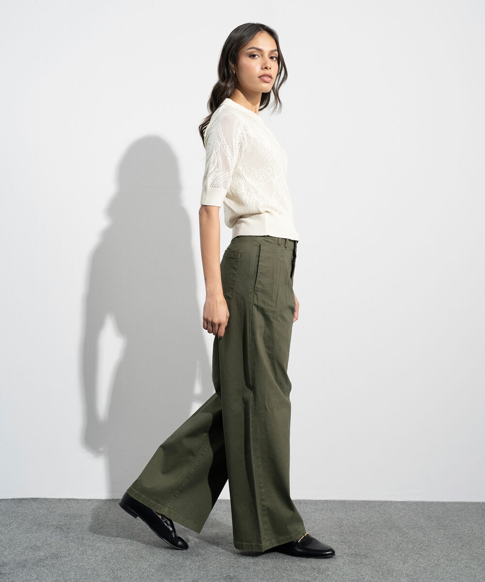 Women's Western Green Khaki Wide Leg Pleated Chino Trousers