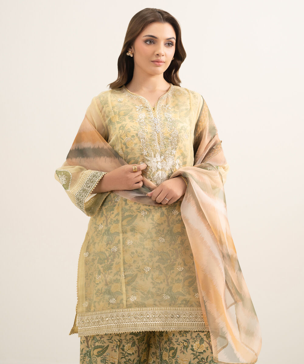 Women's RTW Blended Organza Embroidered Yellow 3 Piece Suit